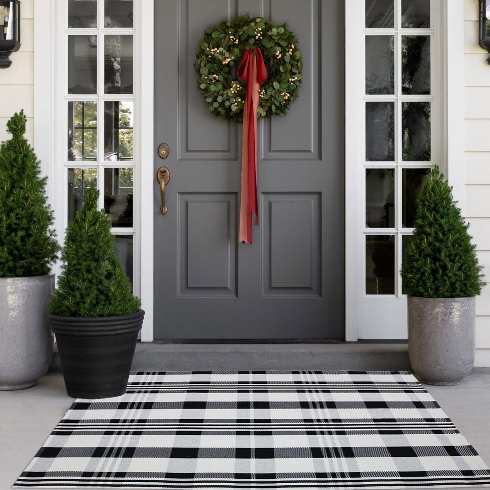 Fall Décor Plaid Rug, 3' x 5' Black&White Check Indoor/Outdoor Area Rug, Layering Rug for Hello/Welcome Door Mat, Machine Washable Cotton Woven Rugs for Farmhouse Front Porch, Entryway Image