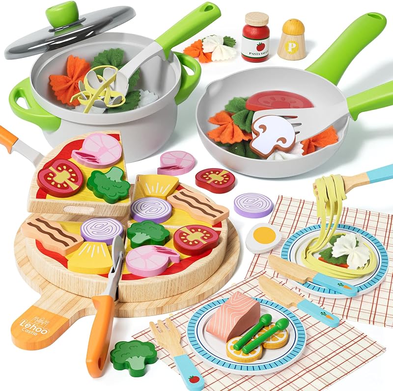 Lehoo Castle Wooden Kitchen Food Toys Pizza Pasta Play Set 3+ Years