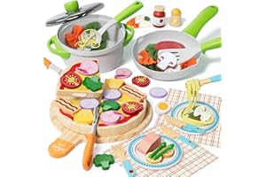 Lehoo Castle Wooden Play Food Kitchen Toys, Play Kitchen Accessories with Pot & Pan, Pizza Pasta Pretend Play Toy Food, Educa