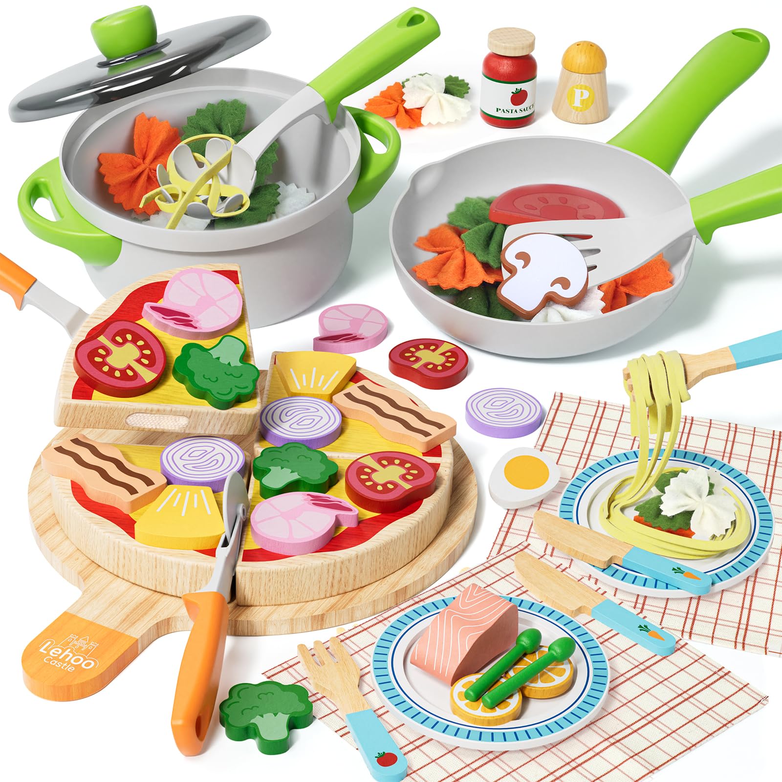 Lehoo Castle Wooden Kitchen Food Toys, Toy Kitchen Accessories & Pizza Pasta Play Food Sets for Children Kitchen, Pretend Play Toy Food for Toddlers 3+ Year Old — image 1