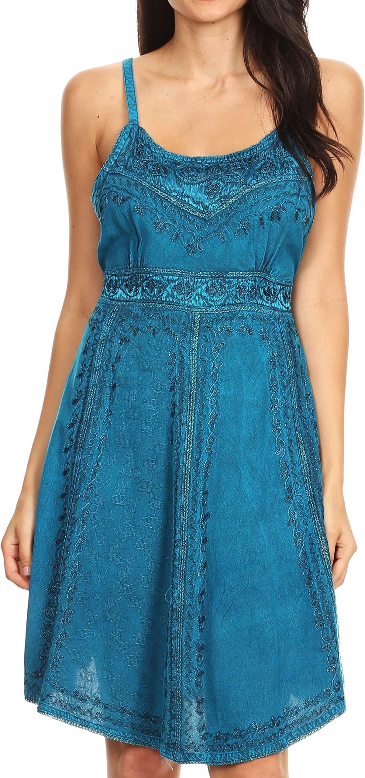 Sakkas Markay Short Mid Length Spaghetti Strap Sleeveless Embroidered Batik Dress