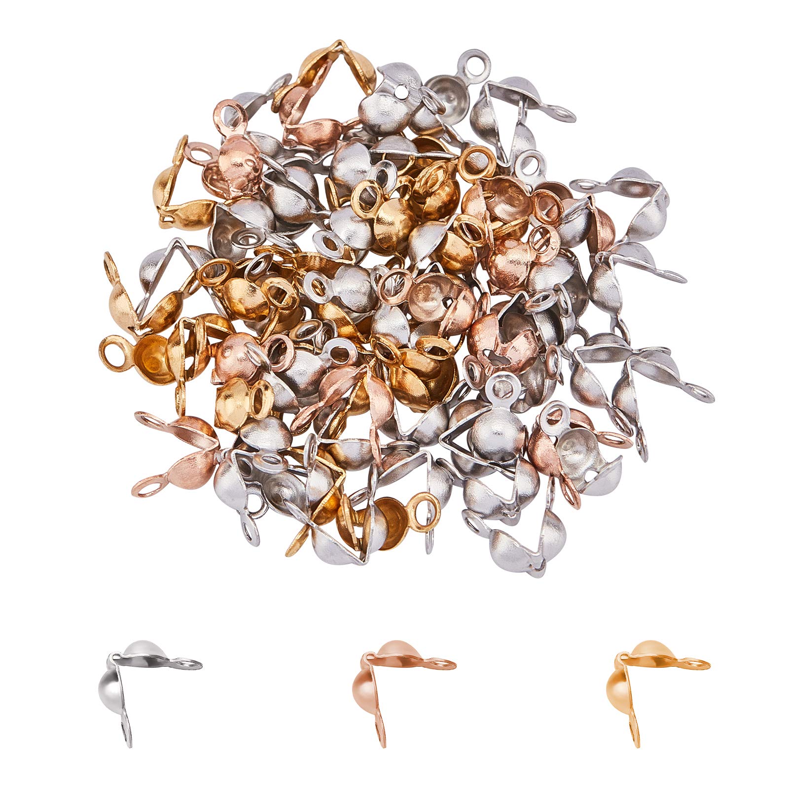 UNICRAFTALE 60pcs 3 Colors Bead Tips Stainless Steel Calotte Ends Open Clamshell Knot Covers Fold-Over Bead Tips 1mm Small Hole End Caps for Knots & Crimp Findings Crafts, 3-4mm Dia