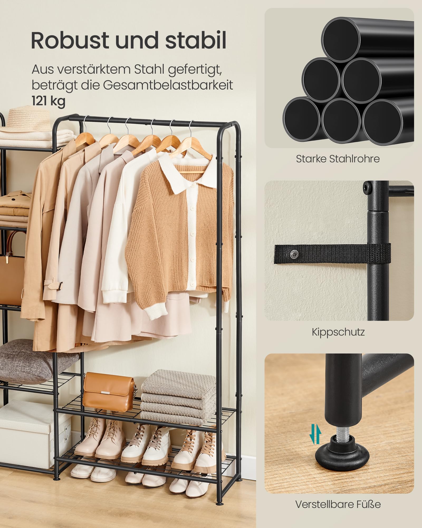 SONGMICS Kleiderständer, offener Kleiderschrank, Kleiderstange, Garderobenständer mit Ablagen, Garderobe aus Metall, freistehend, 29 x 183 x 158,4 cm, mattschwarz LGR463B01 4
