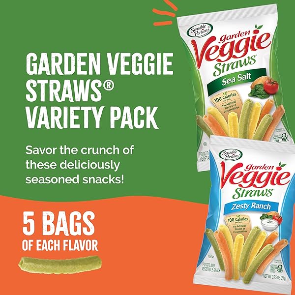 SENSIBLE PORTIONS VEGGIE STRAWS MULTI-PACK, SEA SALT AND ZESTY RANCH FLAVOR, GLUTEN-FREE CHIPS, INDIVIDUAL SNACKS, 0.75 OUNCE BAG, 10-PACK