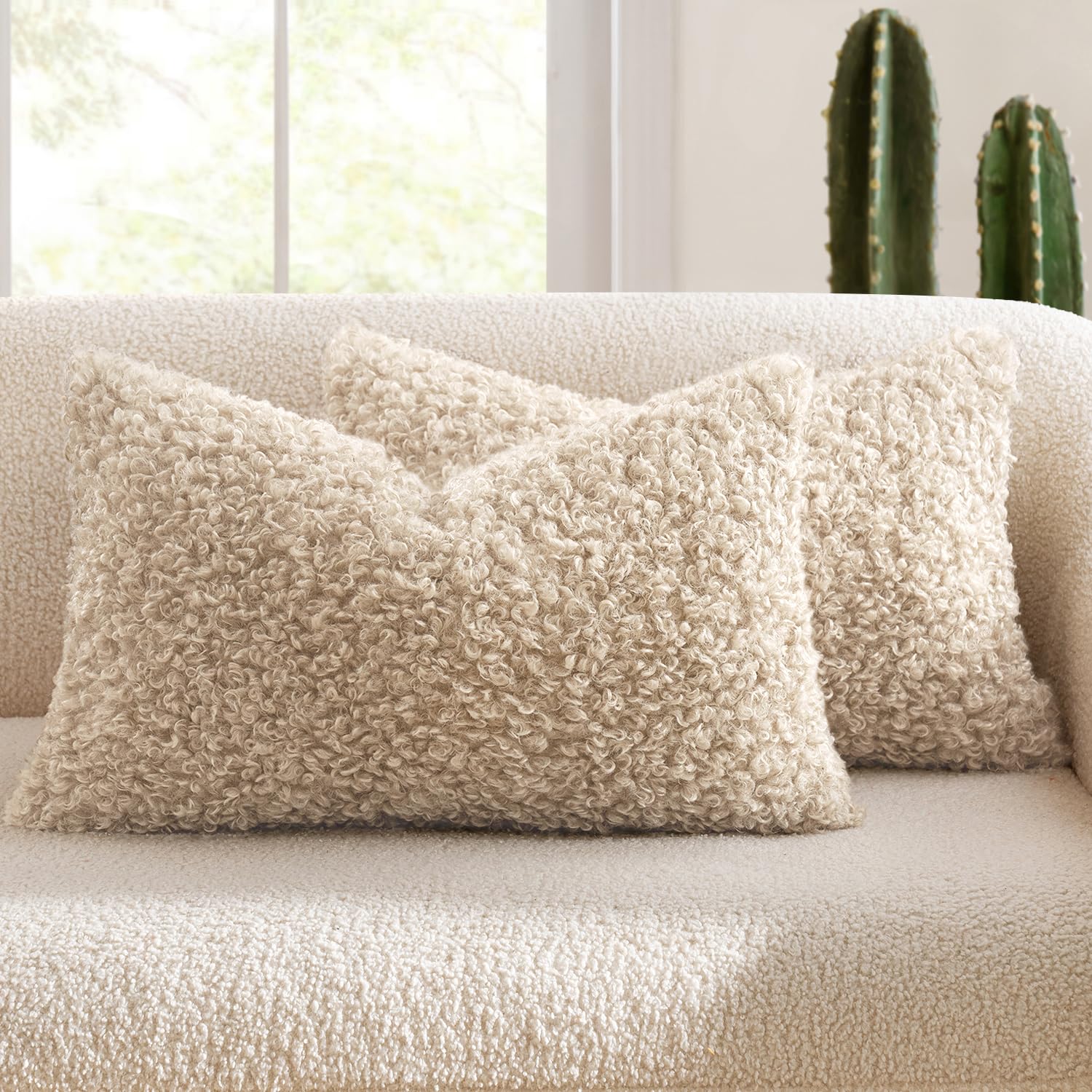 Photo 1 of ***NO PILLOWS JUST CASES**MIULEE Pack of 2 Lumbar Faux Fur Throw Pillow Covers 12x20 Inch Neutral Oatmeal Boucle Decorative Sherpa Pillow Covers Fuzzy Accent Soft Sheepskin Fleece for Boho Home Decor Sofa Living Room Bed Chair