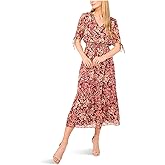 CeCe Womens V-Neck Tie Sleeve Smocked Waist Midi Dress