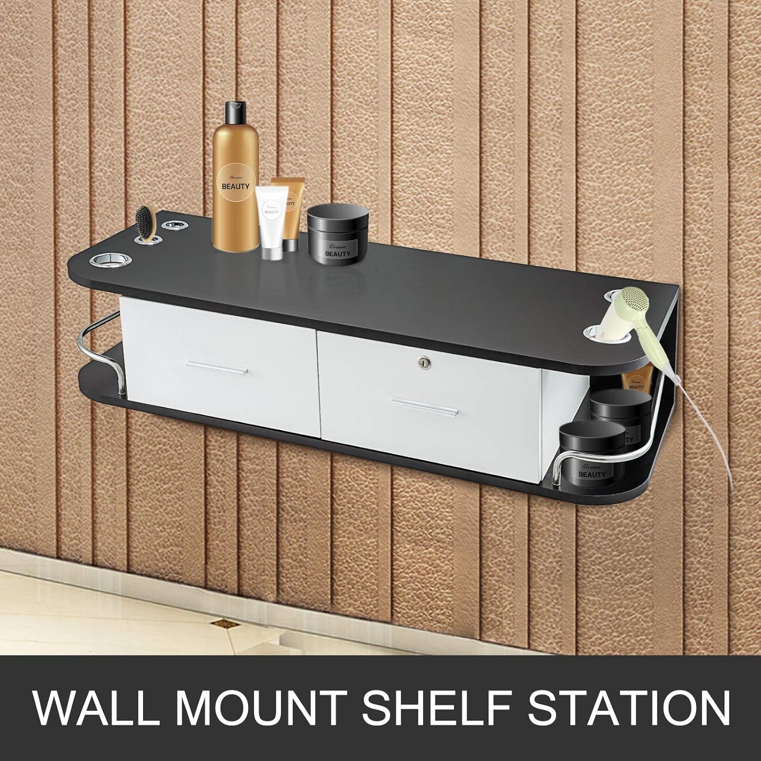 LOVSHARE Black & White Salon Wall Mount Styling Station Classic Locking 2 Drawers Storage Beauty Salon Spa Equipment Barber Station: Beauty