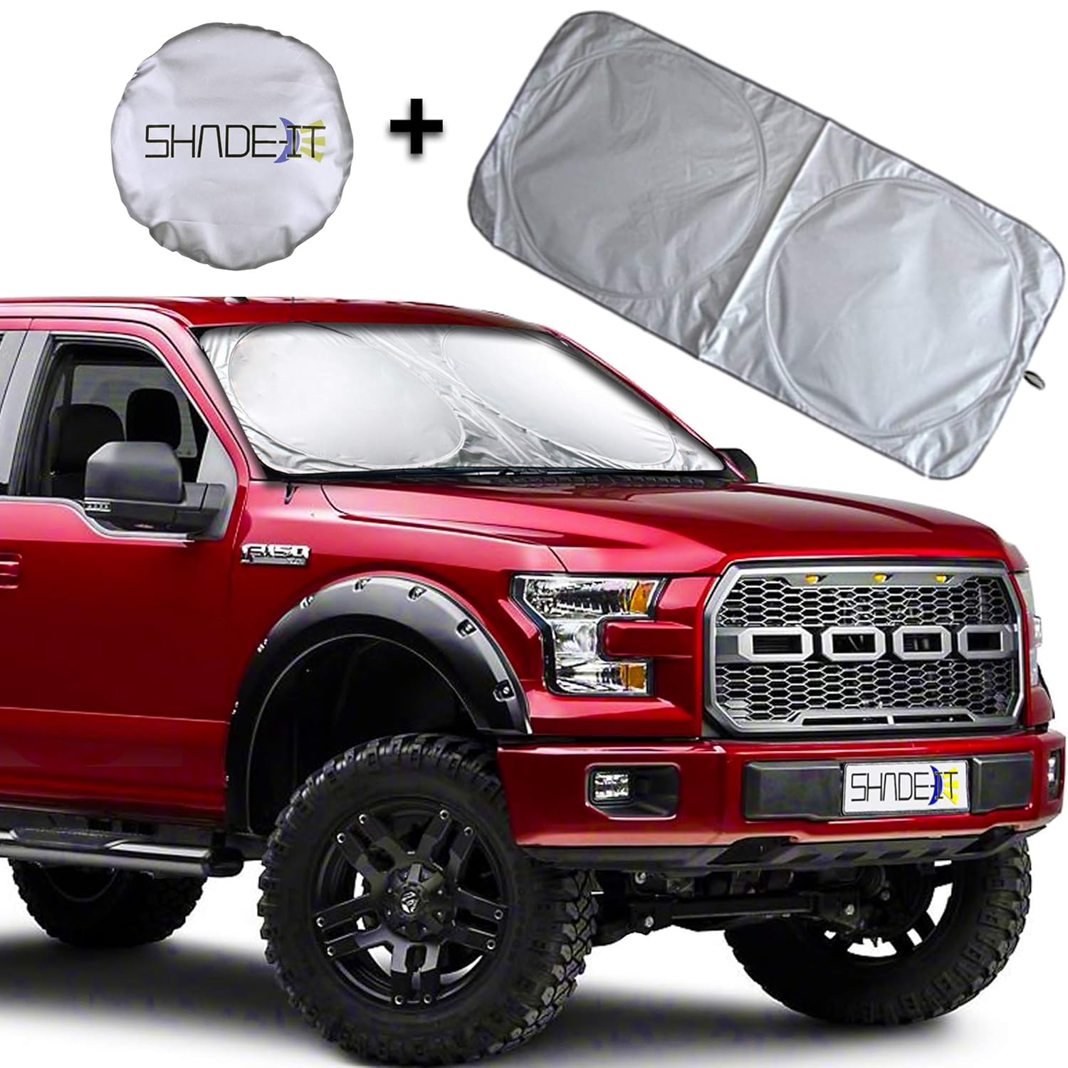 Shade-It Car Windshield Sun Shade + Bonus - Durable 210T Polyester Heat Block & UV Protection Truck, SUV Sunshades Sunlight Blocker, Reflective Coating, Easy Storage Sunshade (X-Large 67.75" x 35.5")