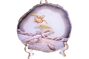 AMOYSTONE Large Agate Slice Art Painting Table Display Natural Agate Geode Stone Piece Decorative Plate with Stand Home Office Decoration Unique Gifts Print Sea Turtle 4.9-6.3"