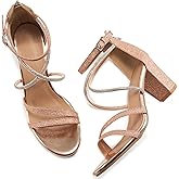 Ecetana Heels for Women Open Toe Ankle Strap Buckle Rhinestone Sandals Block Chunky Sexy Shoes for Party Wedding