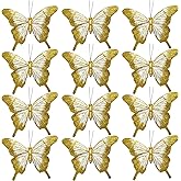 12pcs Gold White Artificial Feather Butterfly 5-Inch Clip on Glitter Butterflies Ornaments for Christmas Tree Decoration Wreath Garland Crafts Birthday Party Decor