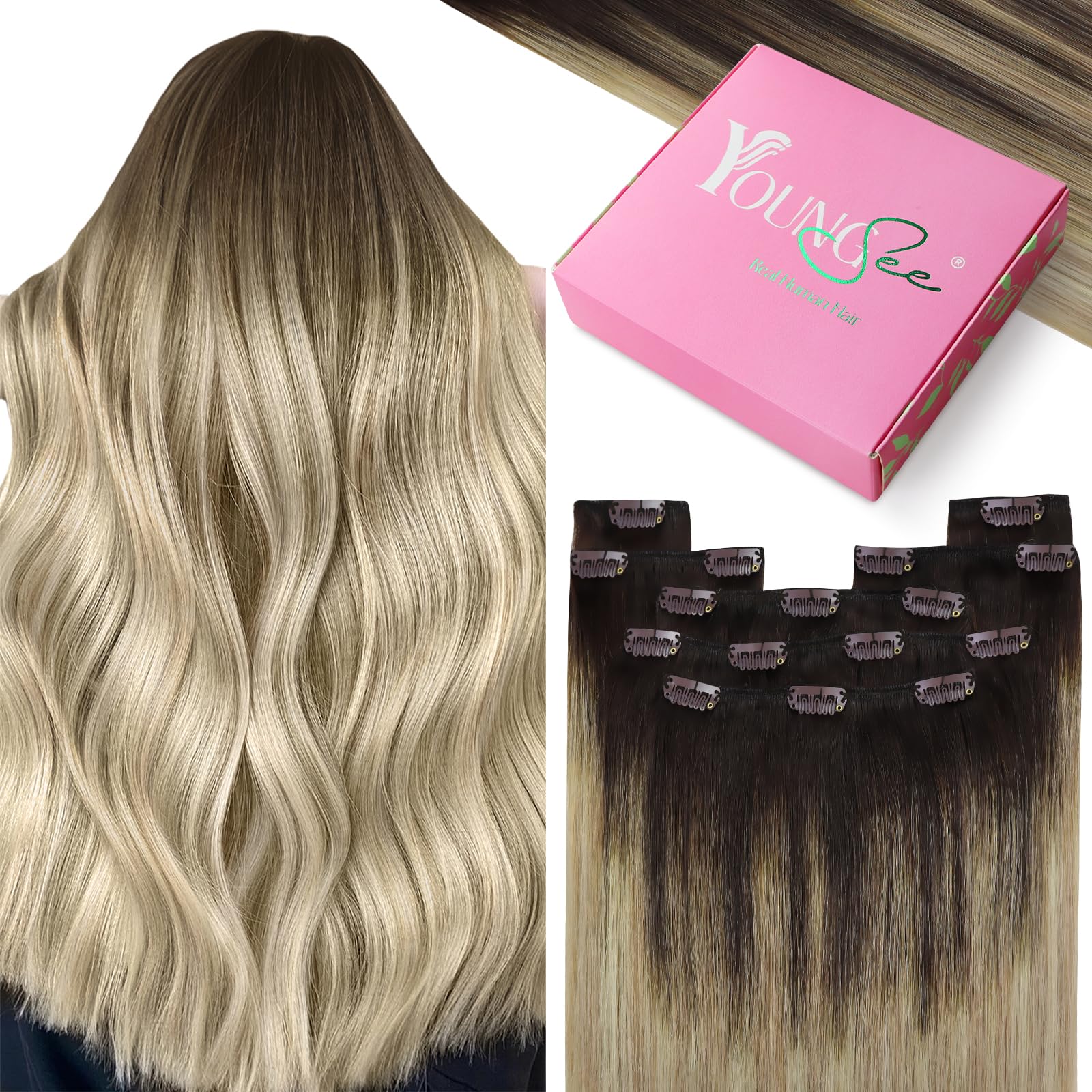 YoungSee Human Hair Extensions Clip in 12inch 80g Clip in Hair Extensions Dark Brown to Brown with Blonde Balayage Clip in Human Hair Extensions for Beginners Short Straight 7pcs Easy of Application — image 1