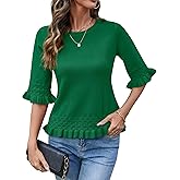 AKEWEI Womens 3/4 Sleeve Sweater Crewneck Knit Peplum Tops Lightweight Casual Pullover Cropped Sweaters