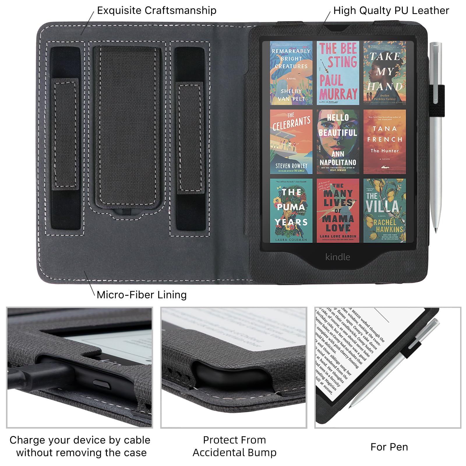 WALNEW Stand Case for 7-inch Kindle Paperwhite 12th Generation (2024 Released) and Kindle Colorsoft Signature Edition, Two Hand Straps Shell PU Leather Cover with Auto-Wake/Sleep