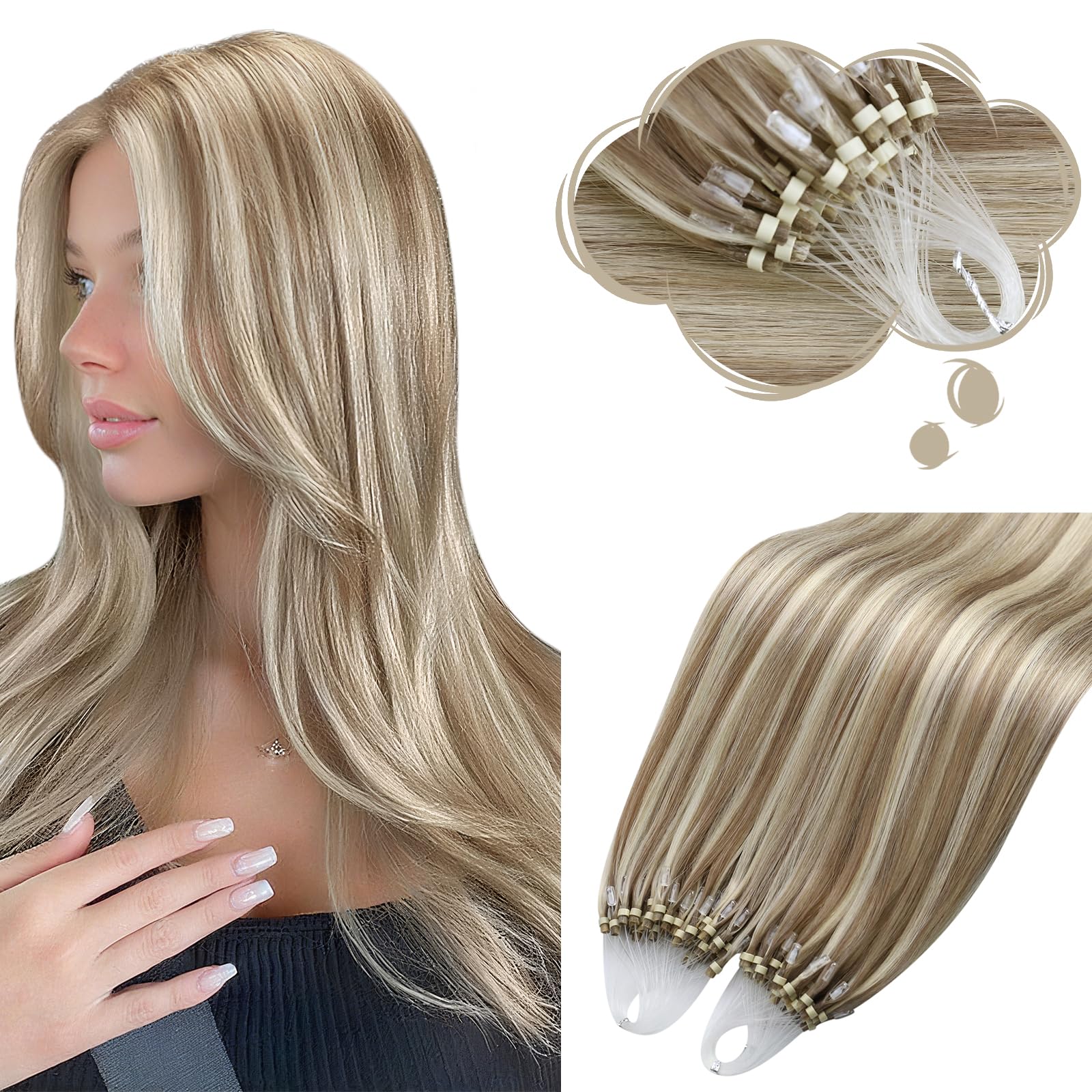Moresoo Micro Ring Hair Extensions Real Human Hair Light Brown Highlight with Platinum Blonde Micro Loop Human Hair Extensions 1g/s 50g/Pack #P9A/60 14 INCH — image 1