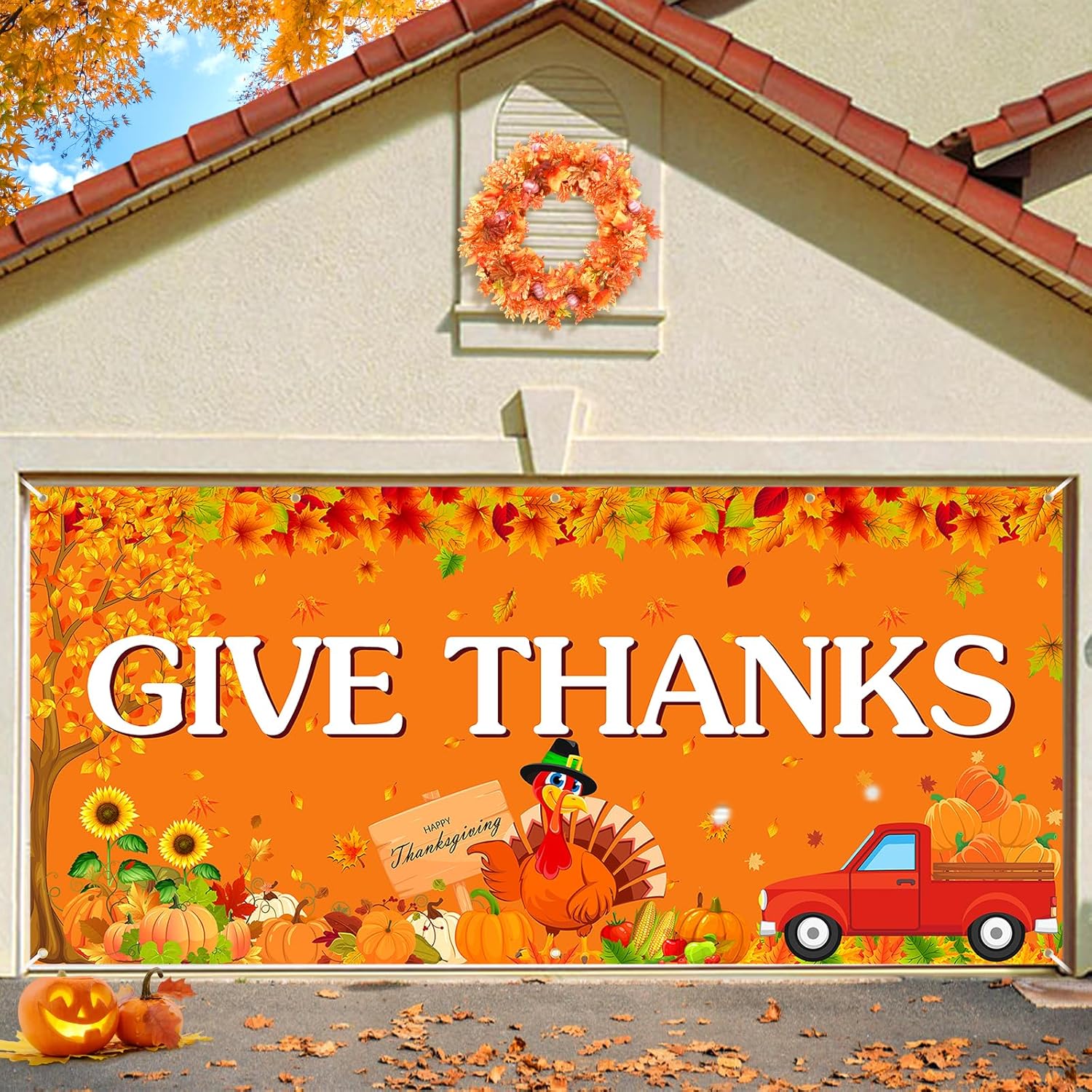 Garage Door Decorations - Fall Garage Door Banner Extra Large Autumn Turkey Pumpkin Happy Thanksgiving Banner Give Thanks Garage Door Cover Decorations for Fall Harvest Thanksgiving Party Decor Outdoor Indoor 6 x 13 ft