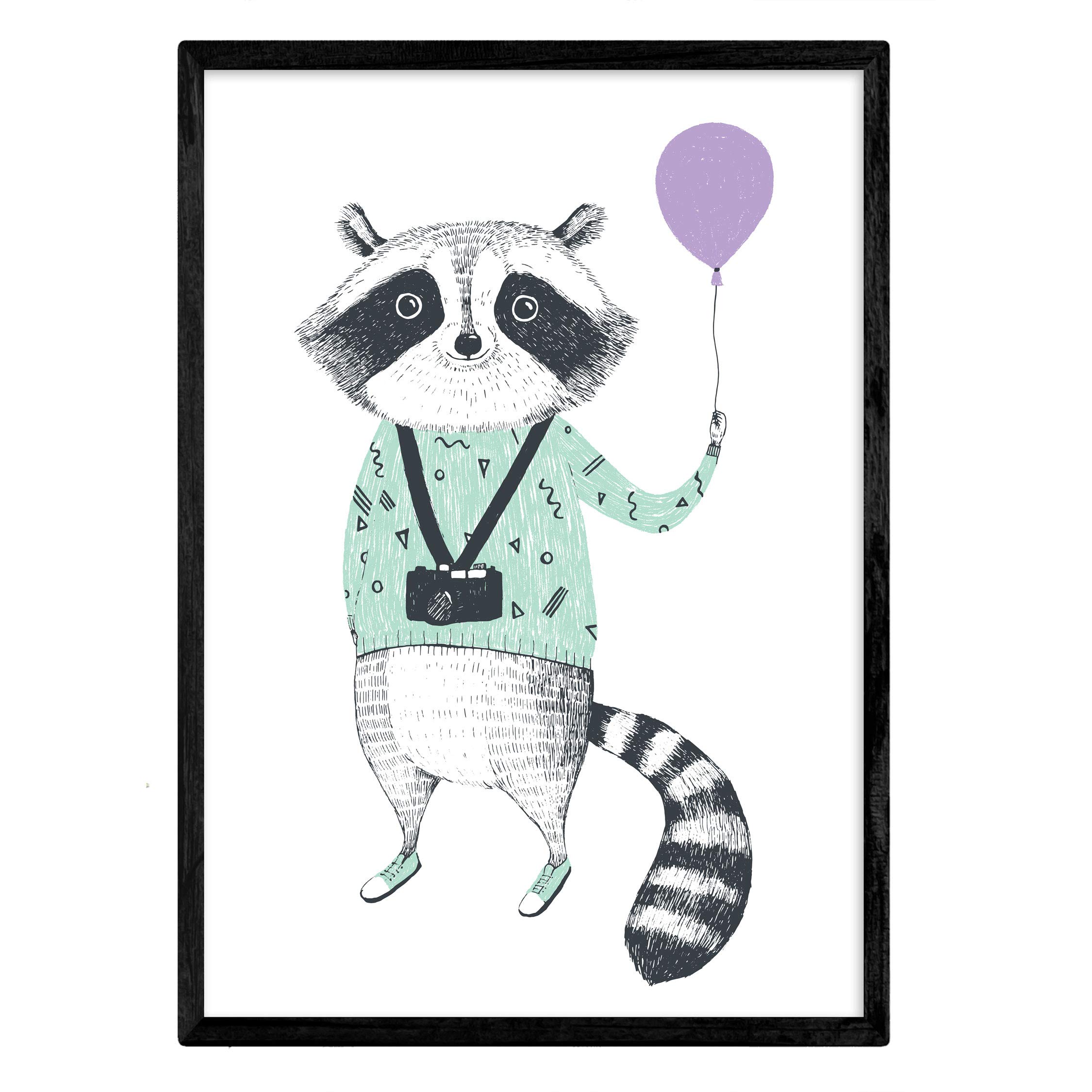 Nacnic Poster Raccoon balloon. Sheet of colorful animals. A3 size