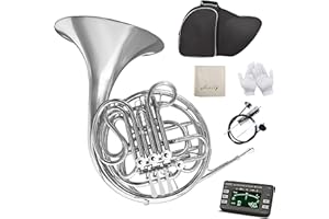 CHEHERY Double French Horn F/Bb 4 Keys Nickel plated＆Gold Craft Lacquer Brass French Horn With French Horn Case, Mouthpiece, Gloves, Cleaning Cloth and Brush (Sliver)…