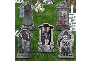 pynogeez Halloween Decorations, 5 Pack Foam RIP Graveyard Tombstones, Graveyard Headstone Decorations with 10 Bonus Stakes for Lawn Outside Decor (17In)