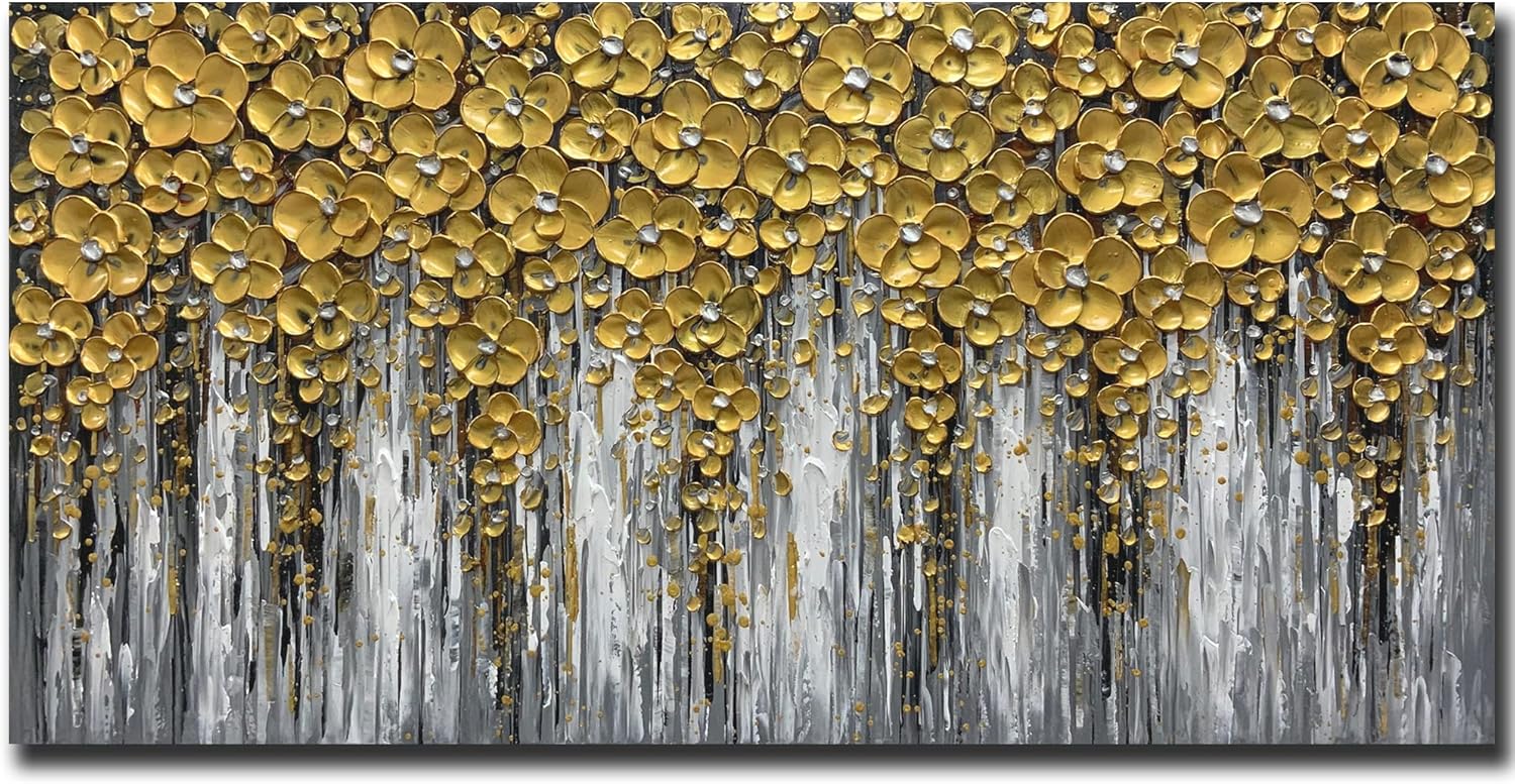 Paintings - Art8YuQi Paintings - Contemporary Abstract Art Oil Painting On Canvas Texture 3D Golden Flower Gary Painting Handmade Artwork Picture Canvas Wall Art Modern Home Decor living room Ready to Hang 24x48inch (Gold)