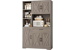 HOSTACK 71" Tall Kitchen Pantry Storage Cabinet, Farmhouse Food Pantry Cabinet with Microwave Stand, Barn Doors Kitchen Hutch with Large Drawer and Shelves for Dining Room, Ash Grey