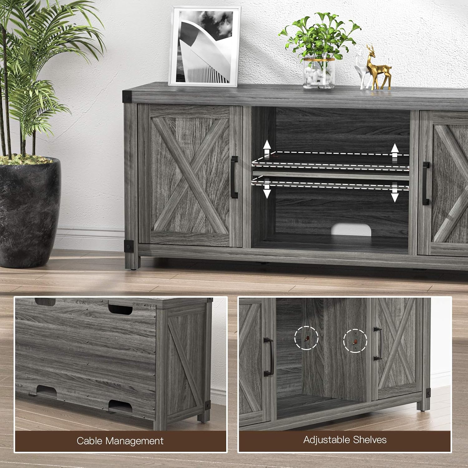 TV Console Cabinet for TVs up to 65 Inch W/Media Shelves, Farmhouse TV Stand Style Entertainment Center for Soundbar or Other Media, Barn Door TV Stand with Storage for Living Room, APRTS02D: Electronics