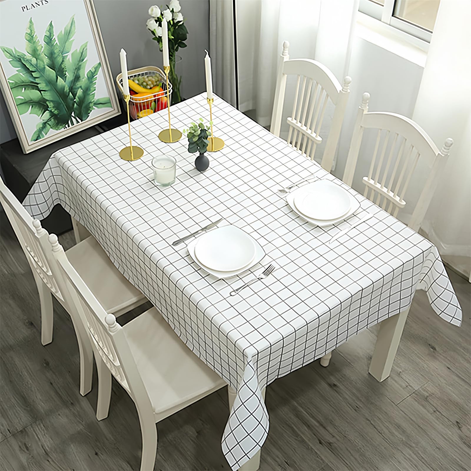 2pcs 137*180cm Plastic Tablecloths Waterproof White Checkered PVC Table Cloth Wipeable Rectangular,Plaid Table Cover Wipe Clean Oil Cloth Outdoor Tablecloth for Party,Picnic
