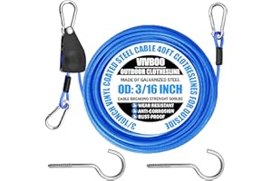 VIVBOO 40ft Clothes Line Outdoors 3/16" Wire Ropes Blue PVC Coating Laundry Drying Clothesline Retractor with Metal Hooks Heavy Duty for Umbrella Travel Outside Camping Backyard