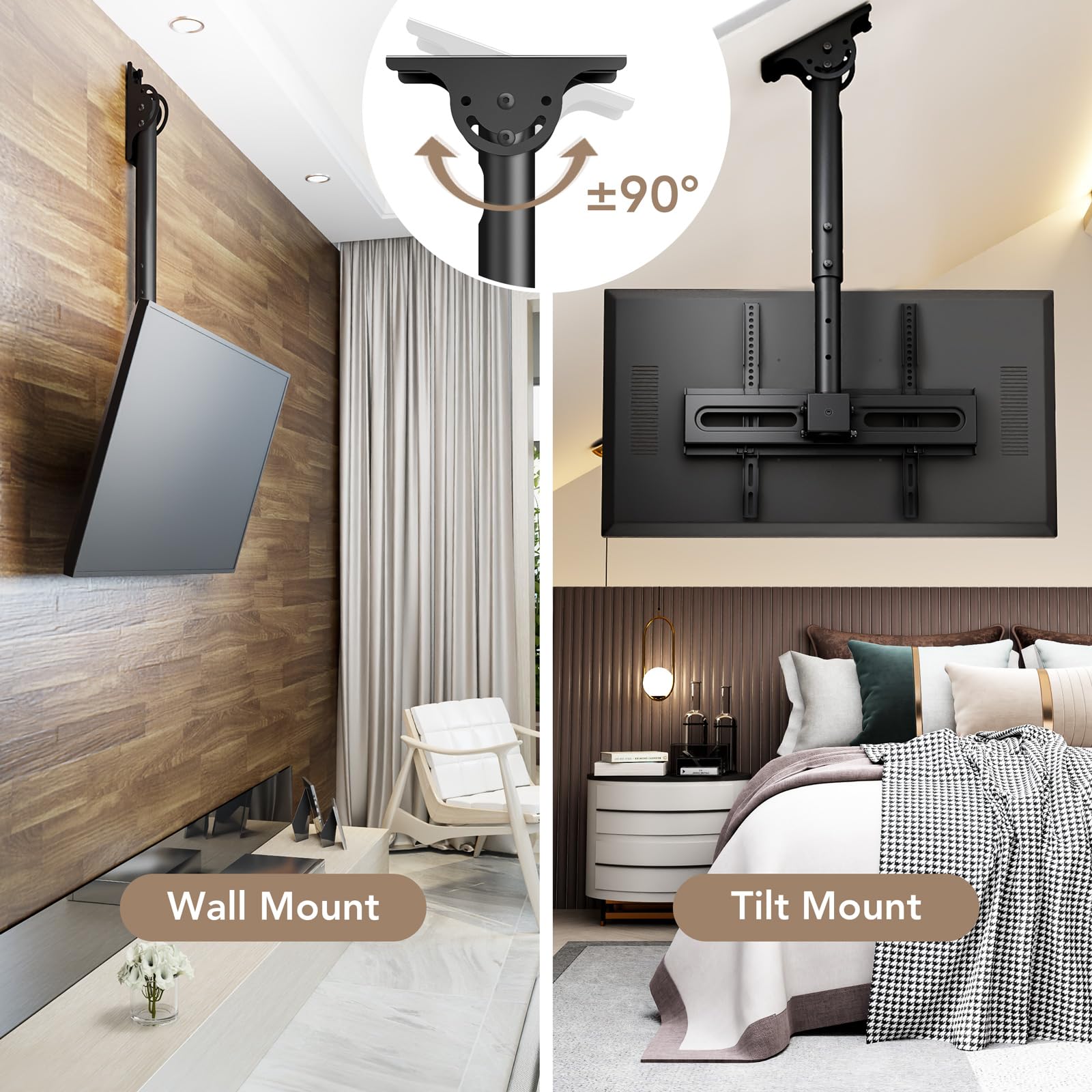 AX WABER Ceiling TV Mount Adjustable Bracket for 26-65 inch LCD LED OLED 4K TVs, Pole Ceiling Mount Holds up to 110lbs,Hanging tv Mount Max VESA 400x400mm (AX11TB01), Black
