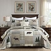 Y-PLWOMEN 100% Cotton Cozy Cabin Lightweight 3-Pieces Quilt Set (Brown/Gray/Dark Green, King)