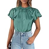 PRETTYGARDEN Business Casual Tops for Women Blouses Dressy 2026 Summer Short Sleeve Ruffle Satin Work Office Attire
