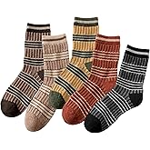 Jicd Women Vintage Striped Wool Socks, Fall Winter Warm Hiking Crew Knit Soft Socks 5 Pairs