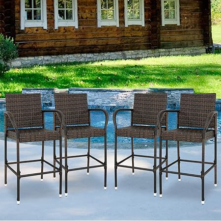 Amazon Com Zeny Set Of 4 Wicker Barstool All Weather Dining Chairs Outdoor Patio Furniture Wicker Chairs Bar Stool With Armrest Garden Outdoor