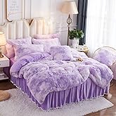 JAUXIO Luxury Abstract Faux Fur Bedding Set Tie Dye Printed Shaggy Duvet Cover with Pillowcase Soft Crystal Velvet Reverse (Twin, Lilac)