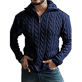 Yousify Mens Quarter-Zip Pullover Sweater Casual Mock Neck Cable Knitted Winter Warm Chunky Polo Sweaters
