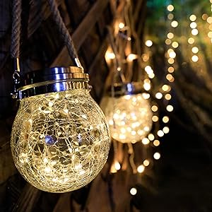 X-PREK Solar Lanterns Tabletop Lights, Thick Crack Glass Mason Jar LED Solar Lanterns Outdoor Hanging Waterproof Table Lamps Décor for Garden Patio Yard Home Party Lawn (Warm White)