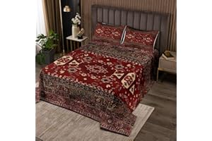 Erosebridal Boho Tribal Quilt King, Retro Exotic Bedspread, Vintage Lattice Bohemian Coverlet, Dark Red Antique Grid Damask Inspired Medallion Egyptian Soft Luxury Quilted