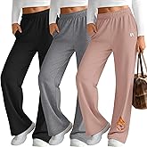 Neer 3 Pack Women's Fleece Lined Sweatpants Thermal Workout Baggy Joggers Elastic Wide Leg Lounge Pants with Pockets Winter(Black, Light Mixed Gray, Pink,Medium)