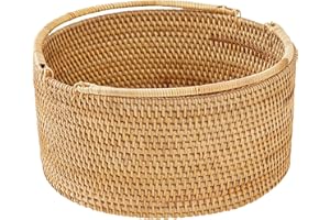 Peslran 11"×11"×5" Rattan Picnic Basket with Handles, Large Round Gift Basket, Hand-Woven Basket for Fruit, Empty Gift Basket for Festival, Wedding, Camping
