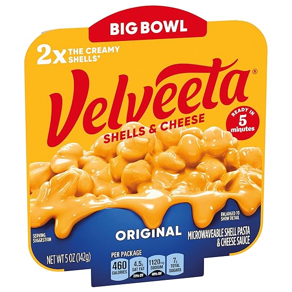VELVEETA SHELLS & CHEESE ORIGINAL SHELL PASTA WITH 2X THE CREAMY SHELLS BIG BOWL MICROWAVE MEAL, 5 OZ TRAY