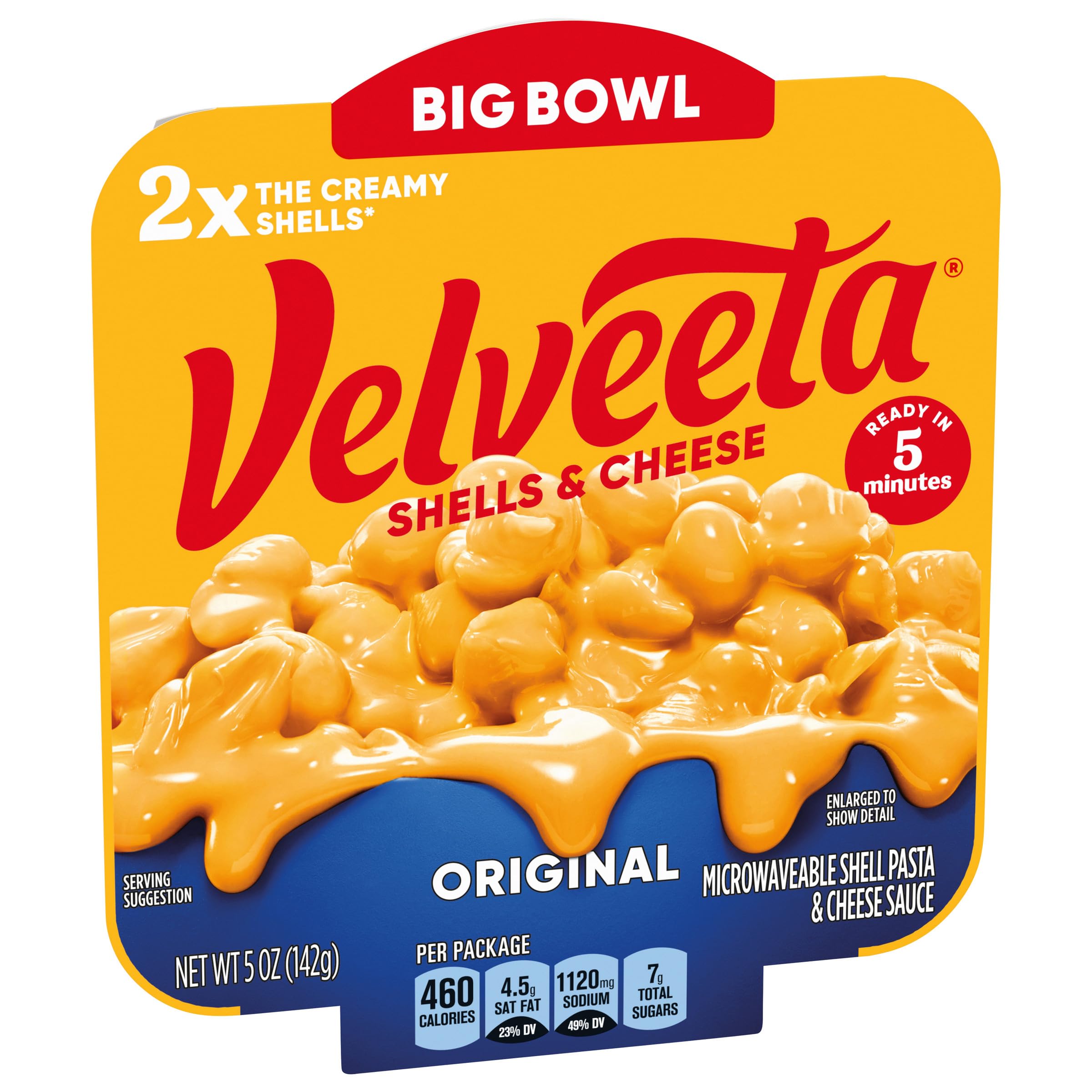 Velveeta Shells & Cheese Original Shell Pasta with 2X the Creamy Shells Big Bowl Microwave Meal, 5 oz Tray