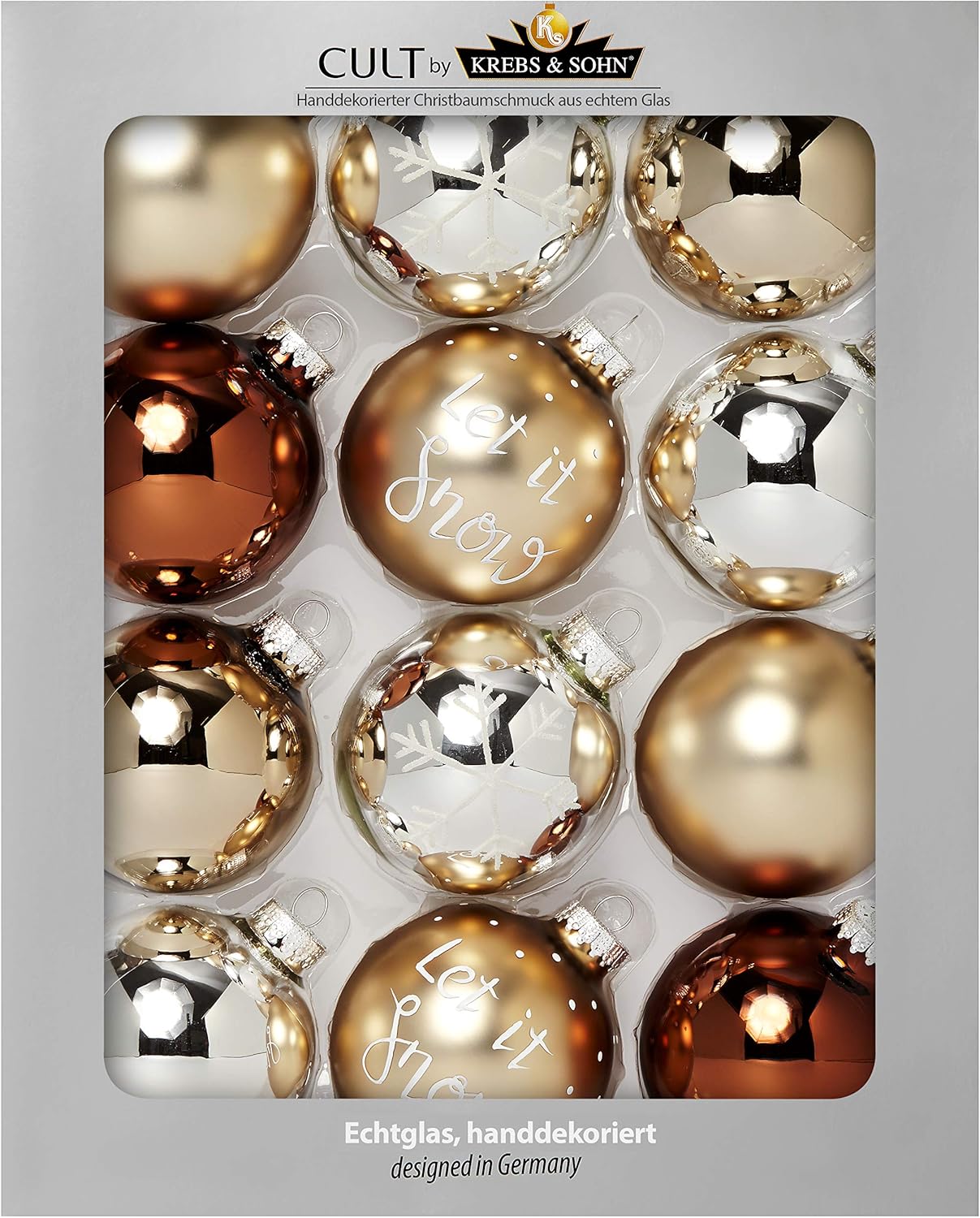 KREBS & SOHN Cult - Set of 12 glass Christmas balls (8cm diameter) - Christmas tree decoration - brown and silver