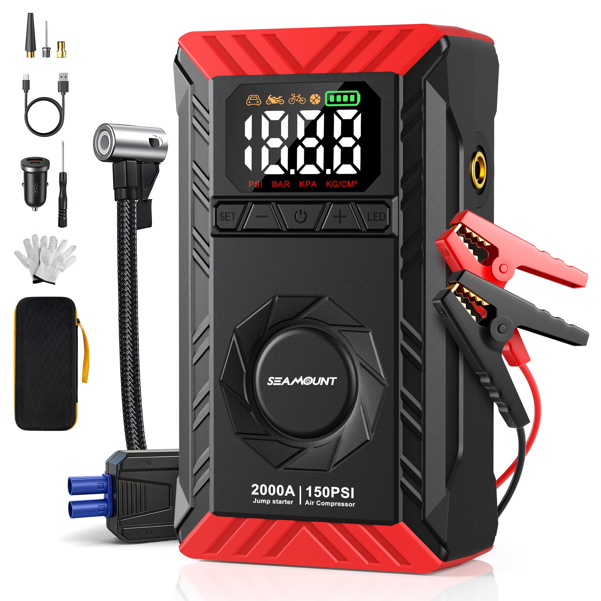 SEAMOUNT 2000A Jump Starter with Air Compressor, Portable 12V Car Battery Booster & Charger for 6.0L Gas & 3.0L Diesel, 150PSI Auto Shut-Off Tire Inflator, USB Power Bank, LED Light, Tire Gauge