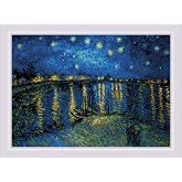 RIOLIS 1884 Starry Night Over the Rhone After Van Gogh Cross Stitch Kit | 14.96 x 10.24 in, 10 ct white Zweigart Aida, 27 wool/acrylic colors, intermediate level, chart &amp; needle included