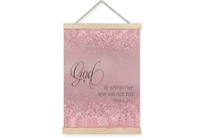 XUNLURY Glitter Pink Christian Poster Hanger Frame, God Is Within Her She Will Not Fail Bible Verse Canvas Wall Art, Religious Wall Decor for Home Office Girls Room Dorm, 12x16 Inch