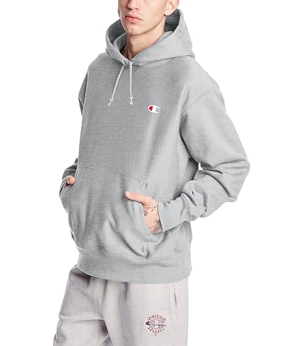 Champion Men's Reverse Weave Pull Over Hood-Print, Oxford Gray