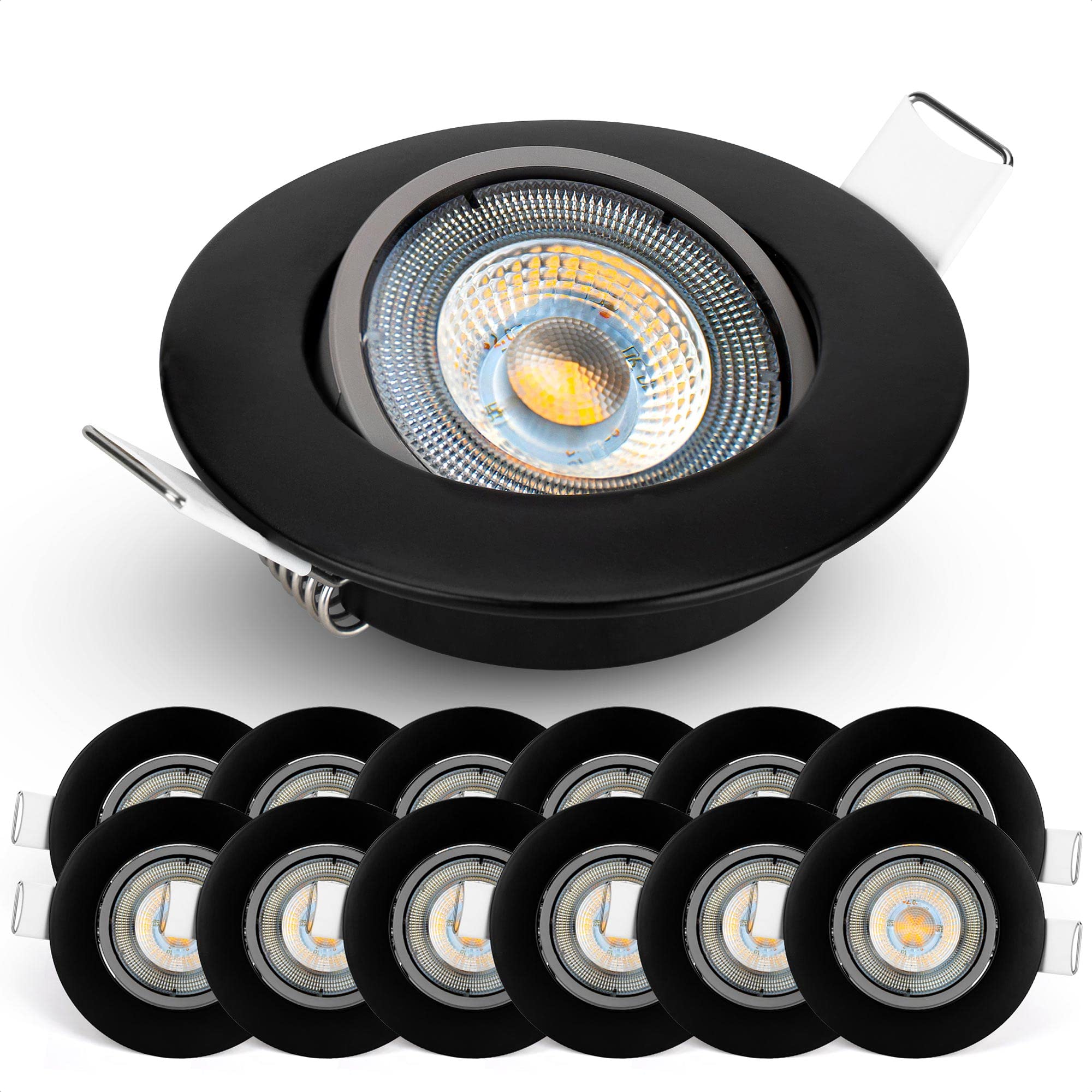 EMOS LED Spot Lights Ceiling Round 5W / 450lm, 6500K Cold White | 50° Tilt Swivel Recessed Ceiling Lights, Ultra Slim | Pack of 12 Recessed LED Downlights for Ceiling, Mains Powered, Black