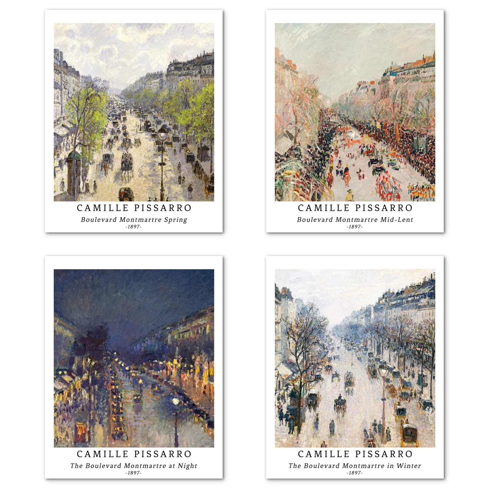 Berkin Arts Wall Art Unframed Prints Giclee Art Paper Set of 4, 8x10 inch Landscape Artwork, Livingroom Decoration Dark Night Seasons Autumn Realism Cityscape Great Present Camille Pissarro Posters