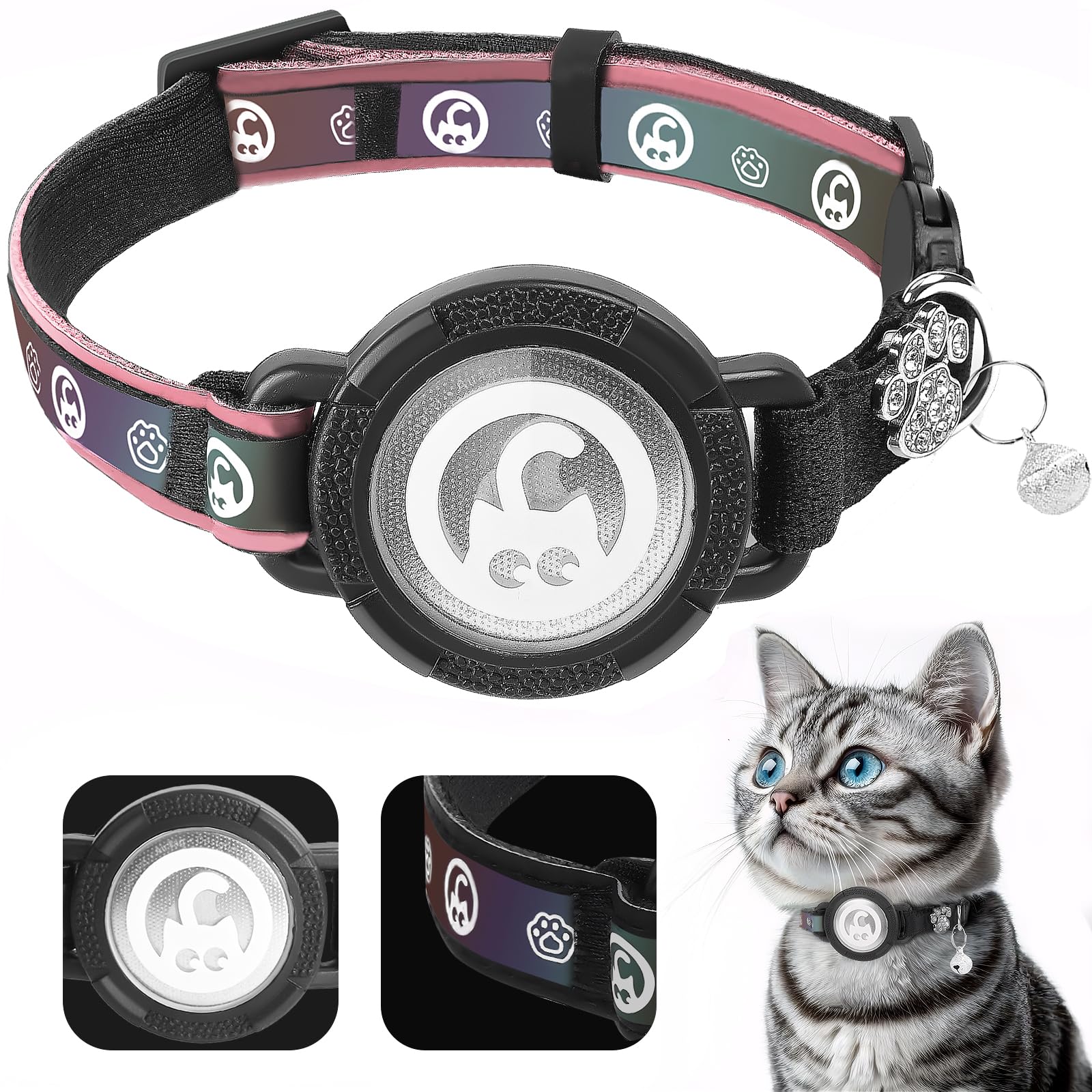 PALAMEDE for Airtag Cat Collar | Waterproof Cat Collar Airtag Holder - Breakaway Cat Airtag Collar with Bells, Cute Diamond Paw, Reflective, Lightweight GPS Collar for Cat, Kitten Pink, S(24-33CM)