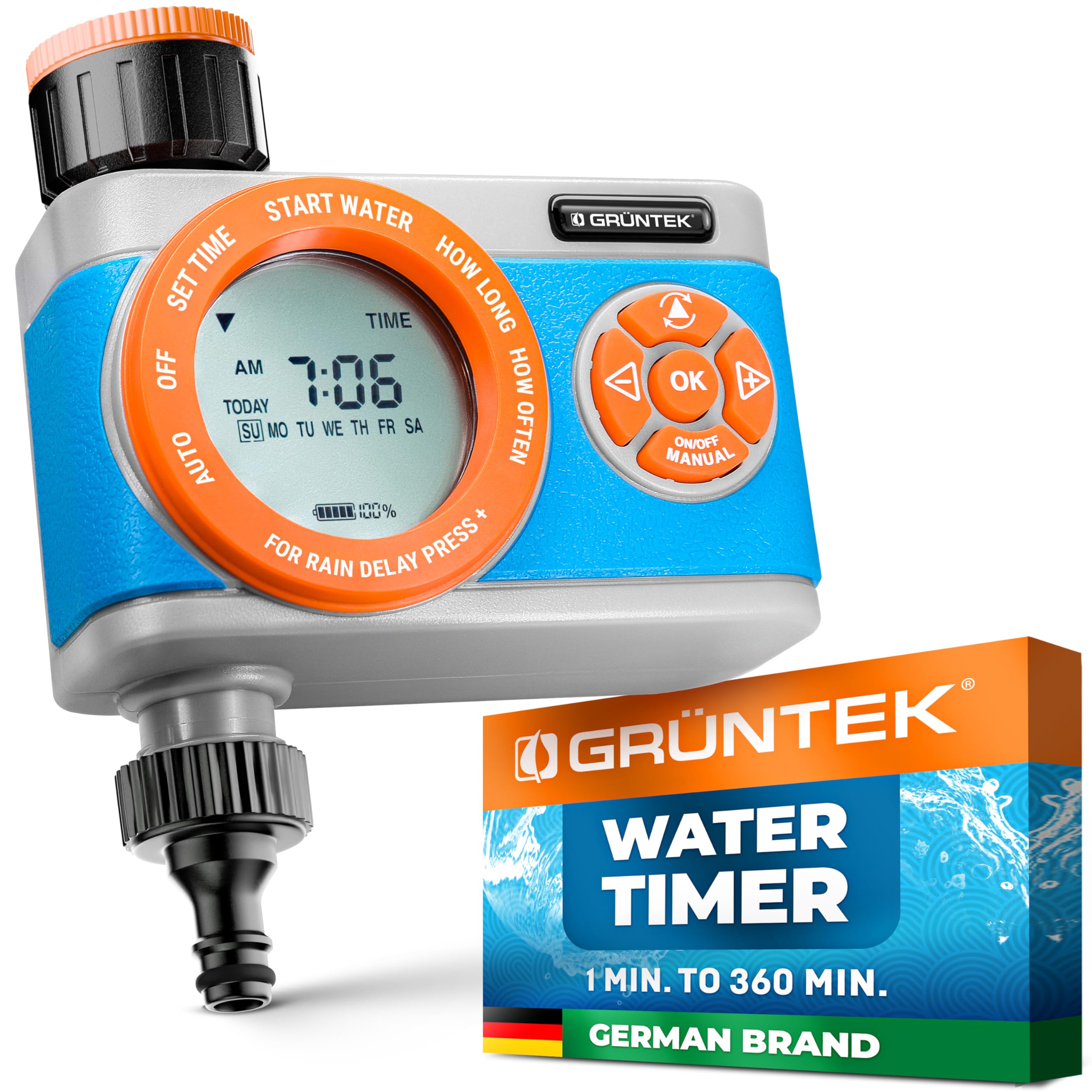 GRÜNTEK Digital Garden Water Timer: Blue Lawn Irrigation Hose Tap Timer with Display, Flexible Scheduling